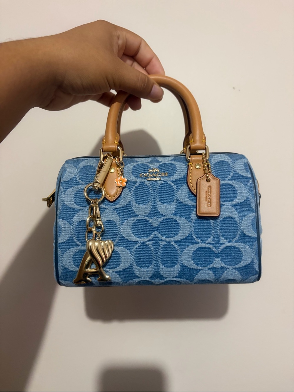 Coach Blue Signature Denim Mini Satchel with Tan Leather Handles